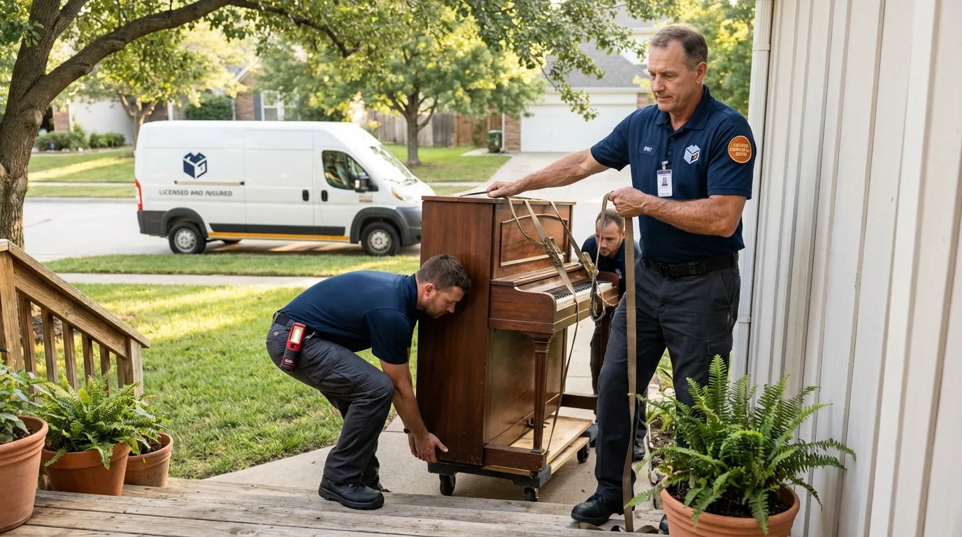 Licensed piano movers securing grand piano in Greenfield, OH