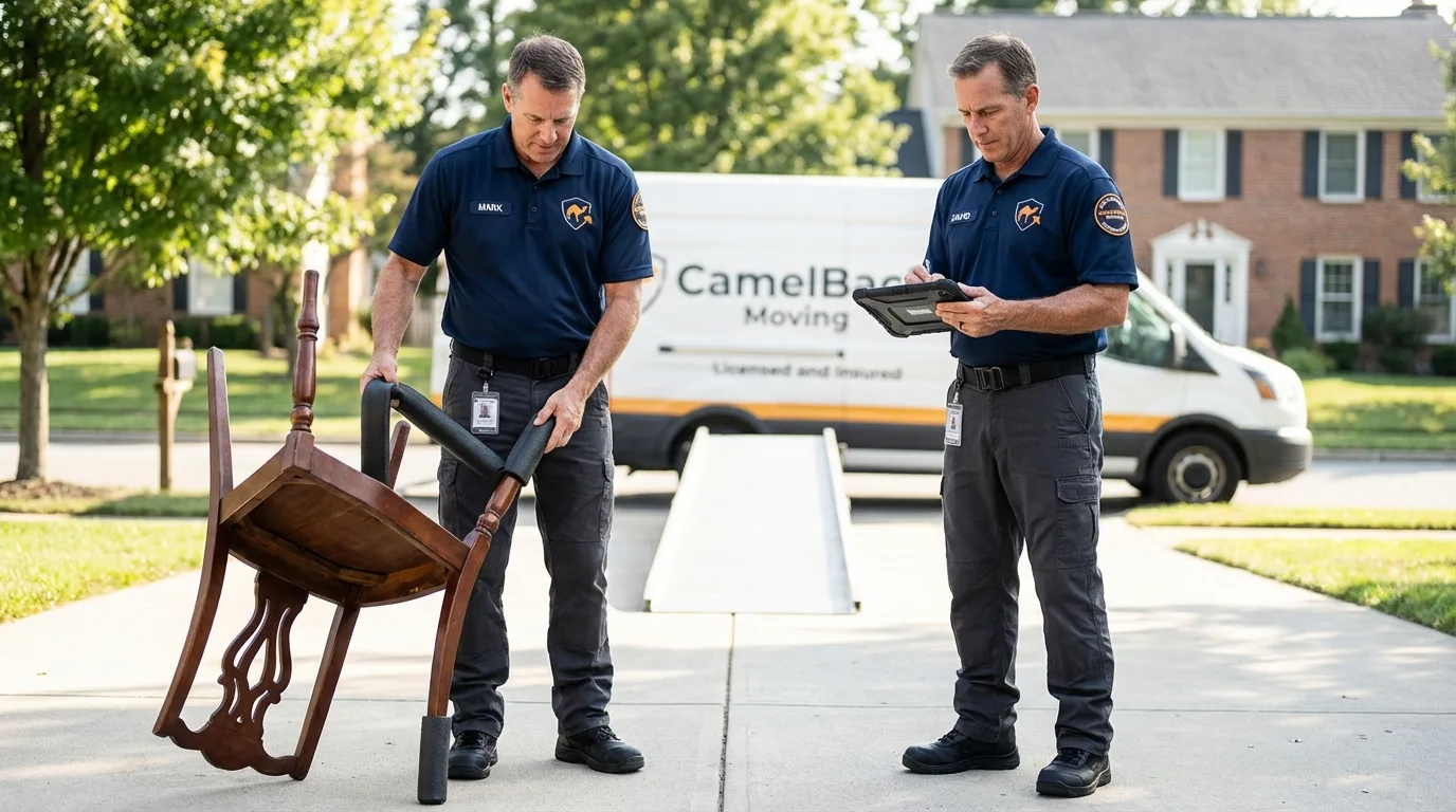 Movers inspecting furniture for damage prevention before loading in Greenfield, OH